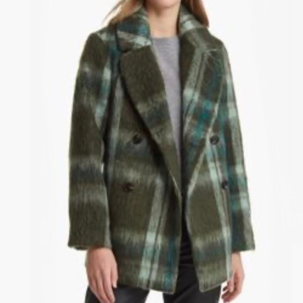 HALOGEN x NORDSTROM | Brushed Plaid Pea Coat Green Double Breasted | Small